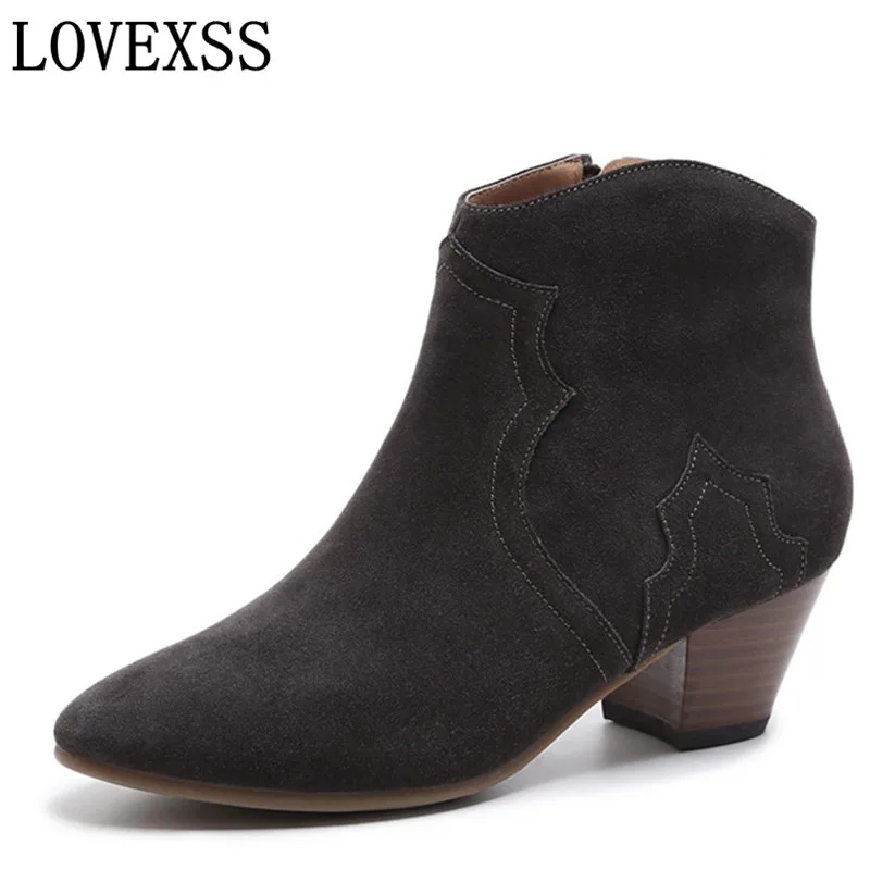 

LOVEXSS Women High Heeled Ankle Boots Genuine Leather Scrub Buckle Casual Apricot Grey Suede Autumn Winter Ankle Boots 2017