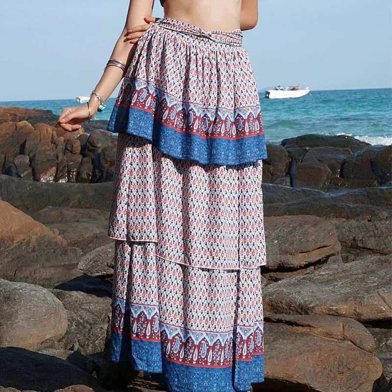 Для женщин Летнее для пляжа в богемном стиле юбка вечерние Макси накидка пляжная длинная юбка с цветочным принтом и оборками Для женщин в богемном стиле Облегающие юбки