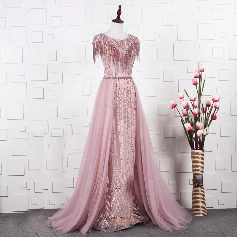JANCEMBER Grey and Pink Diamond Crystal Luxury Evening Dress Cap Sleeve Fashion With Train Evening Dress Real Photo