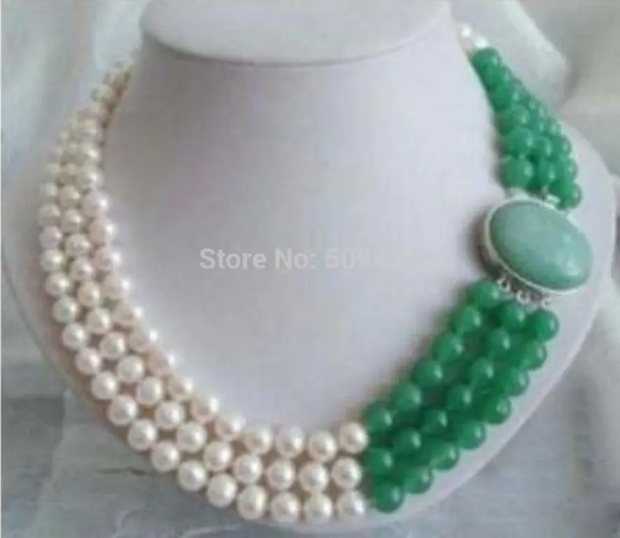 

~~ Free Shipping >>3 Rows Jewelry 7-8MM Real White Freshwater Pearl & Natural Green stone Necklace