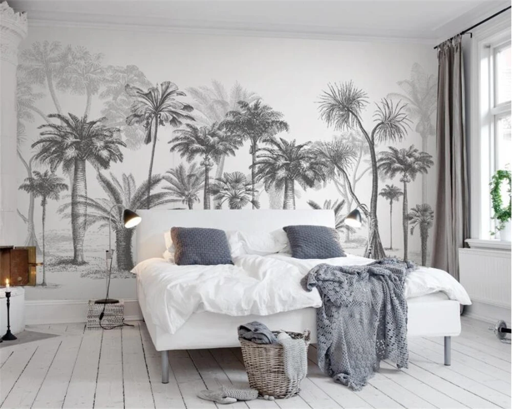 Papel pintado personalizado Mural blanco y negro Sketch bosque Tropical
