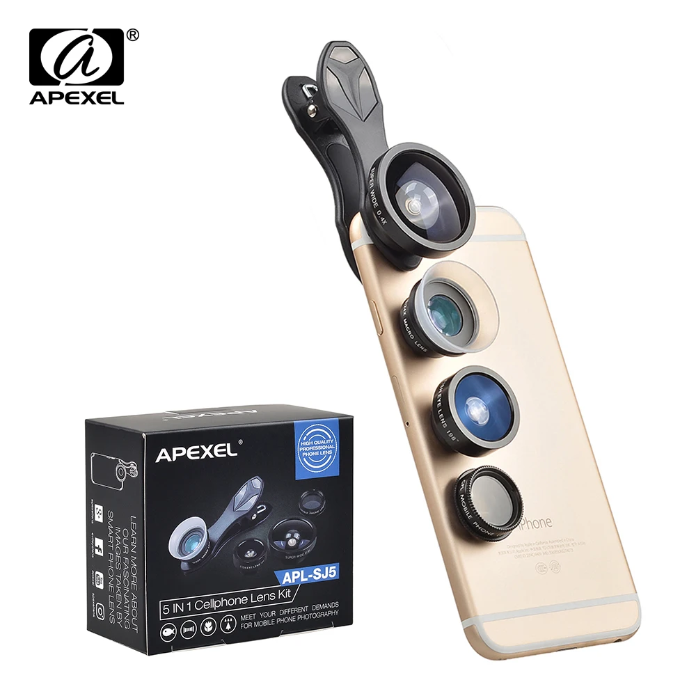 imágenes para Apexel 5 en 1 Lente de La Cámara Kit Universal 198 Ojo de Pez + 12X/24X Marco + 0.4x + CPL lente Para el iphone Samsung XIAOMI APL-SJ5 imágenes para Apexel 5 en 1 Lente de La Cámara Kit Universal 198 Ojo de Pez + 12X/24X Marco + 0.4x + CPL lente Para el iphone Samsung XIAOMI APL-SJ5