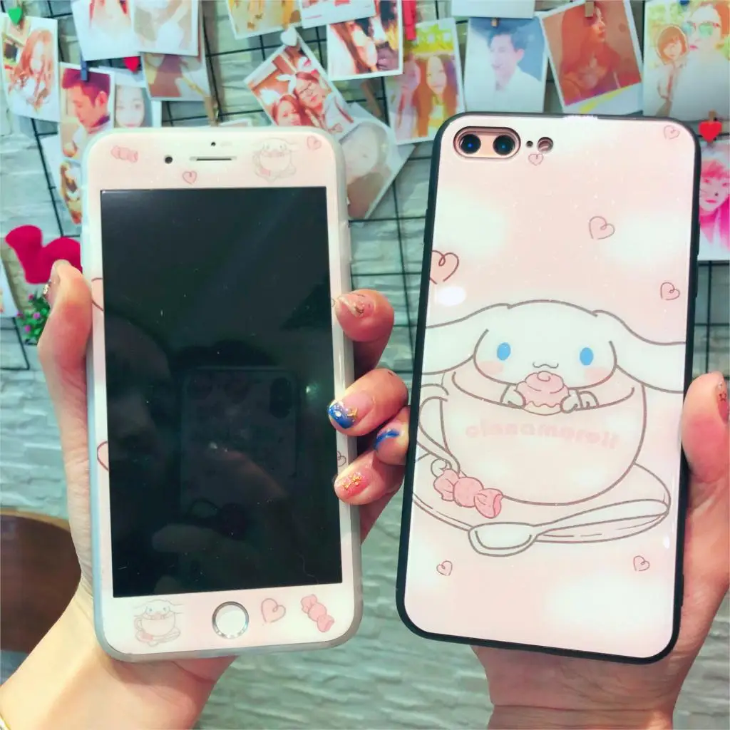 

3D Tempered Glass Screen Protector For iPhone X XS 6 6s 7 8 Plus Cinnamoroll Maruko Rabbit Pattern Glass+TPU Hard Phone Case