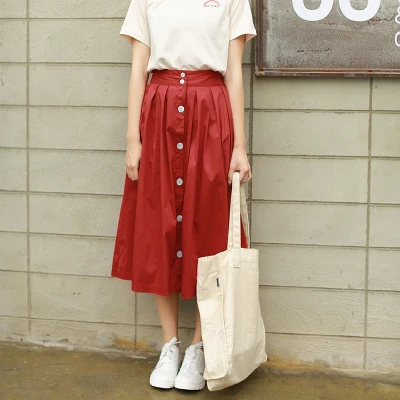 

2018 new free size summer cotton vintage solid colour empire mid-calf length A-line skirt