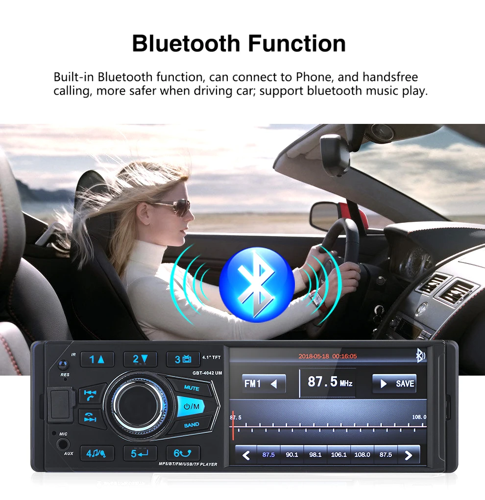 Один Din 4," Автомагнитола стерео MP5 FM Bluetooth USB AUX FM радио MP3 аудио плеер Поддержка камеры дистанционное управление