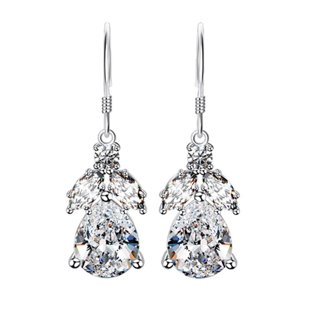 

THREEMAN 2.6CT Sterling Silver Dew Dangle Earrings White Gold Color Synthetic Diamonds Earrings Hooked For Women Present Attend