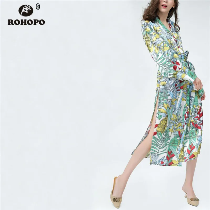 

ROHOPO Autumn Woman Floral Warp Midi Dress Cardigan Belte Straight Side Slit Vestido Vintage Ladies Full Sleeve Dress #LT2068