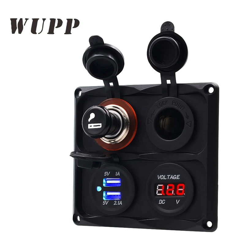 

12V/ 24V Cigarette Lighter Socket Splitter Dual 2.1A Usb Car Charger With Digital Color Voltmeter Four Holes Fixed Panel