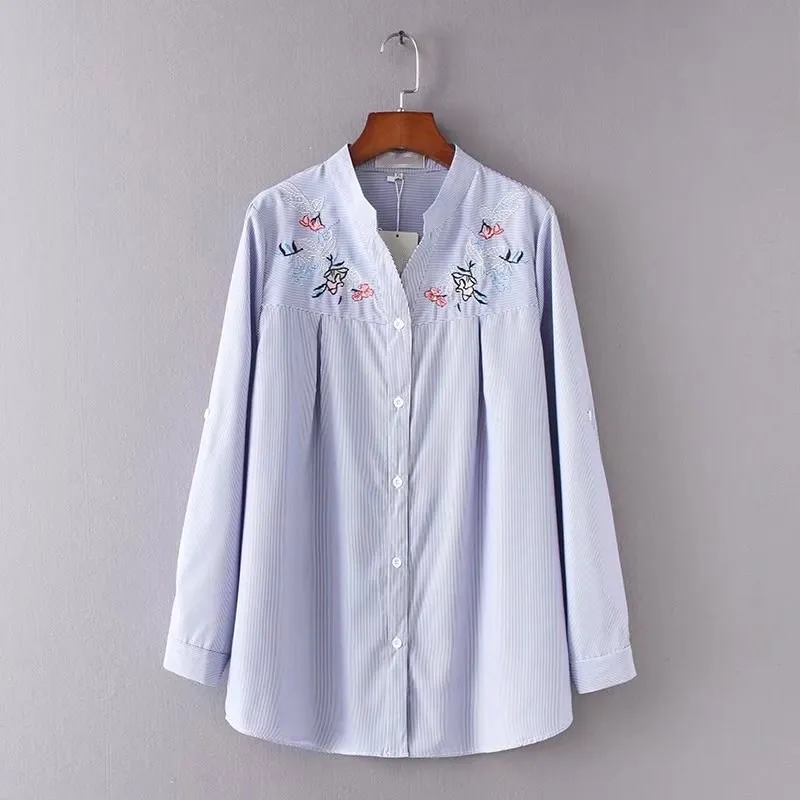 

Hot Sale Women Stripe Plus Size Vintage Blouses Striped Spring Summer Cotton Embroidery Long Shirts
