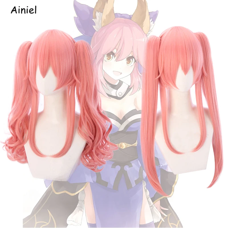 

FGO Fate Grand Order EXTRA Tamamo No Mae Cosplay Wigs Long Pink Ponytails Curly Wig Heat Resistant Synthetic Hair Wig for Women