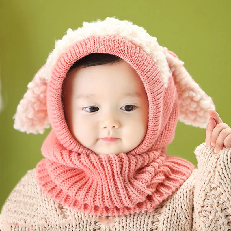 Зимняя плотная детская шапка с милыми заячьими ушками, вязаная детская теплая шапочка для бассейна шарф с капюшоном, комплект для мальчиков и девочек