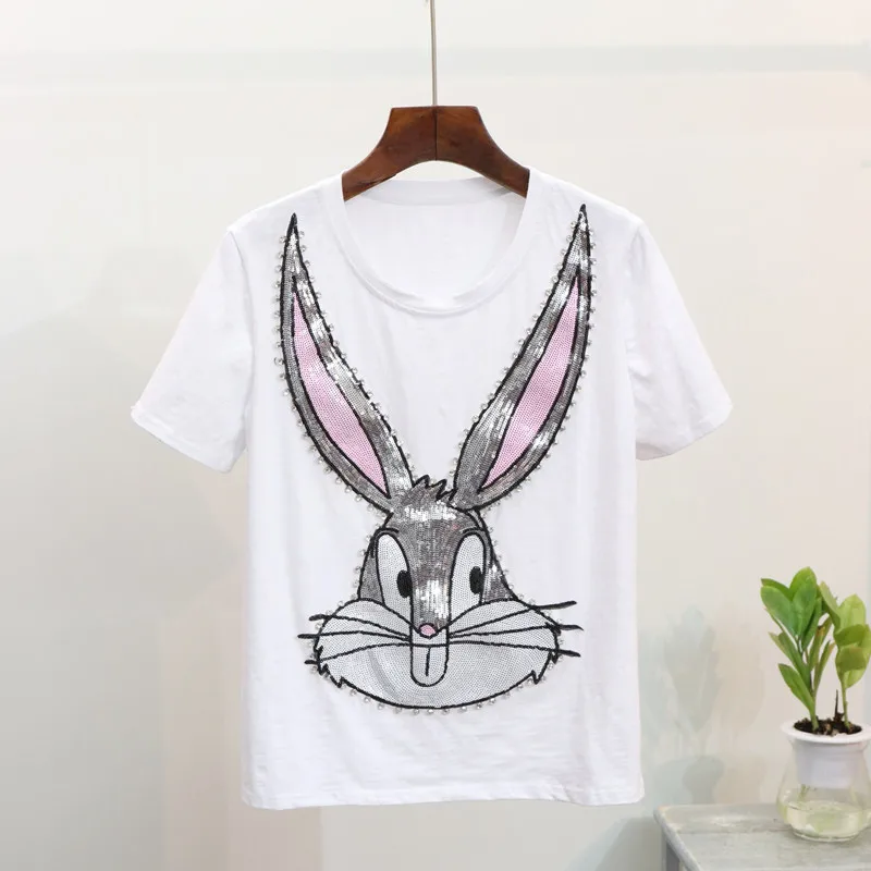 

2019 New Spring and Summer Women Cartoon Rabbit Sequins Short Sleeve T-shirt Wild White T shirt Cotton Ladies Tees Students Tops