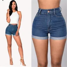 

Women's Shorts 2018 Summer New Fashion Women High Waist Shorts European Blue Curl Denim Shorts XL 3XL