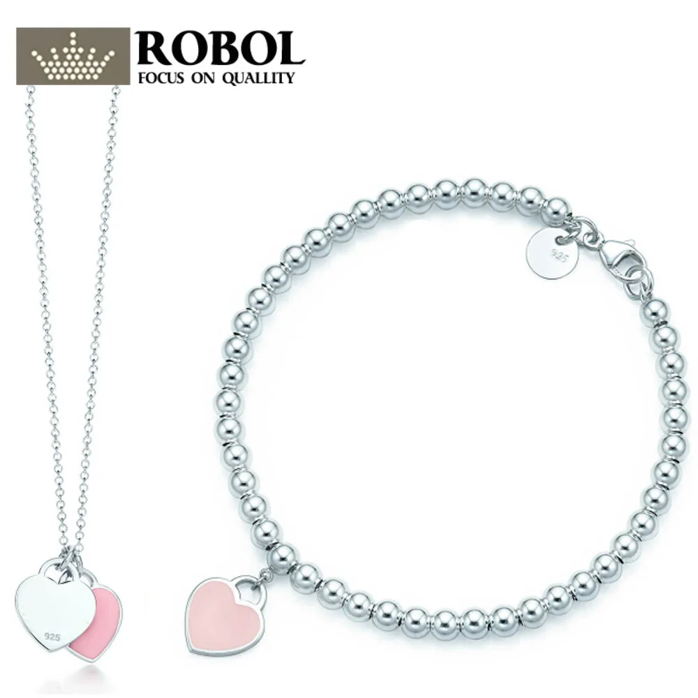 

ROBOL 2018 New Trendy Heart Bracelet Brand 925 Streling Silver Pendant Pink New York For Women Elegant TIFF Bracelet Jewelry