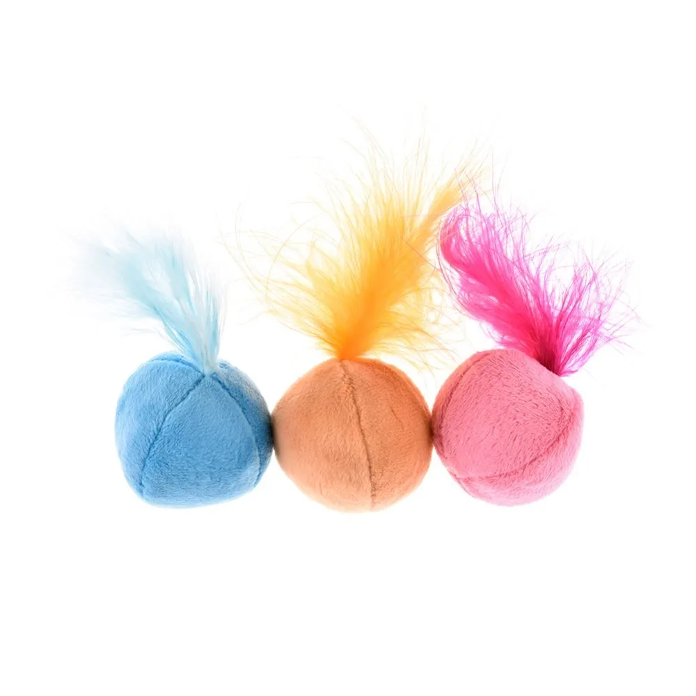 3 PCS Sound Catnip Ball Toys Plush Bell Ring Feather Cat Teaser