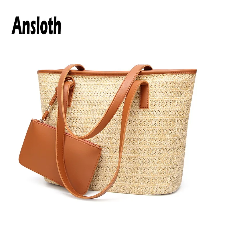 

Ansloth New Summer Beach Bag For Women Simple Straw Handbag Ladies Large Capacity Tote Female Rattan Hand Bag With Purse HPS515