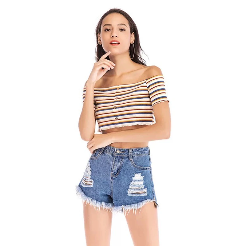 

2019 Hot summer Slash collar Short T-shirt Color striped slim Short Jacket sexy Waist T-shirt S-XL One shoulder