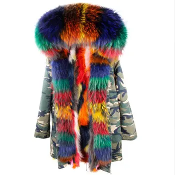 

Real Fox Fur Coat Long Women Winter Fur Parka Army Black Raccoon Fur Collar Hooded Jacket Female Warm Fur Camouflage Outwear