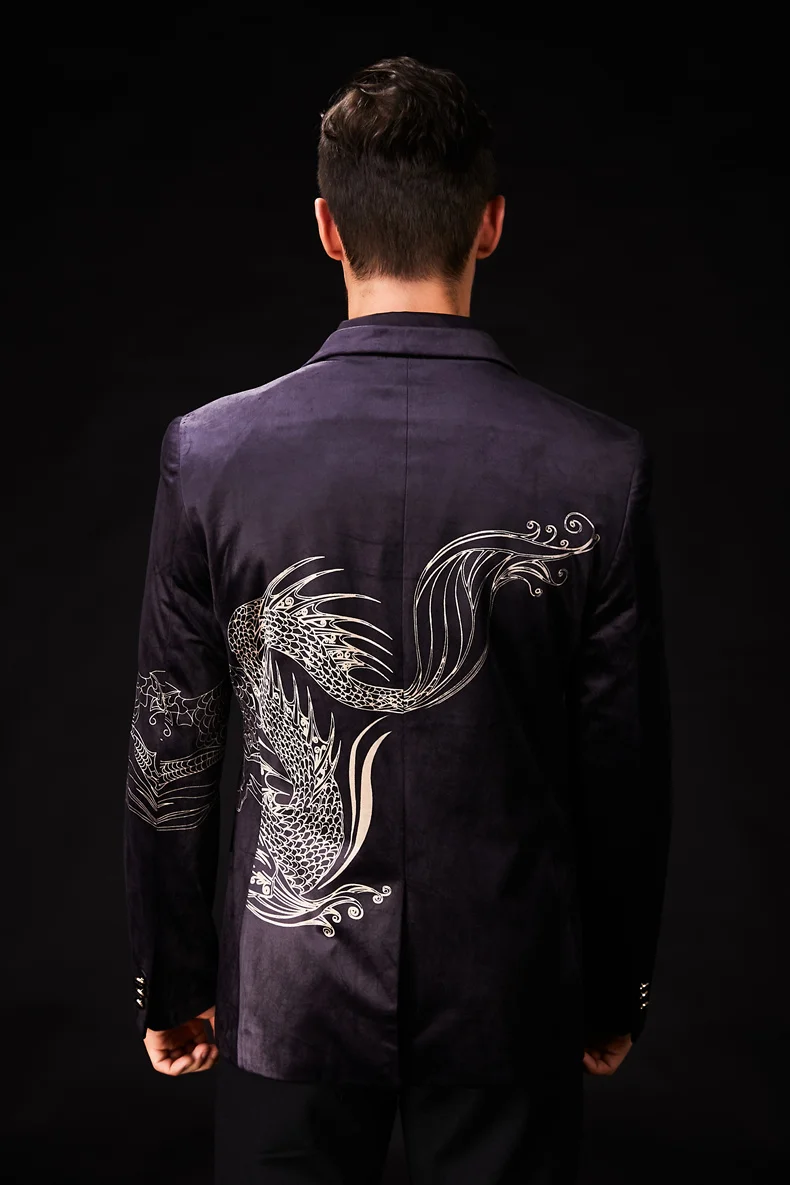 VESTE костюм мужской пиджак Slim Fit 3D печатных китайский дракон роскошные мужские этап Куртки бархат мужской блейзер моды M-3XL