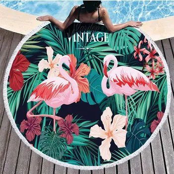

Tropical Green Plants Flamingo Round Beach Towel 150CM Microfiber Beach + Towels Travel Towel Toalla Playa Serviette De Plage