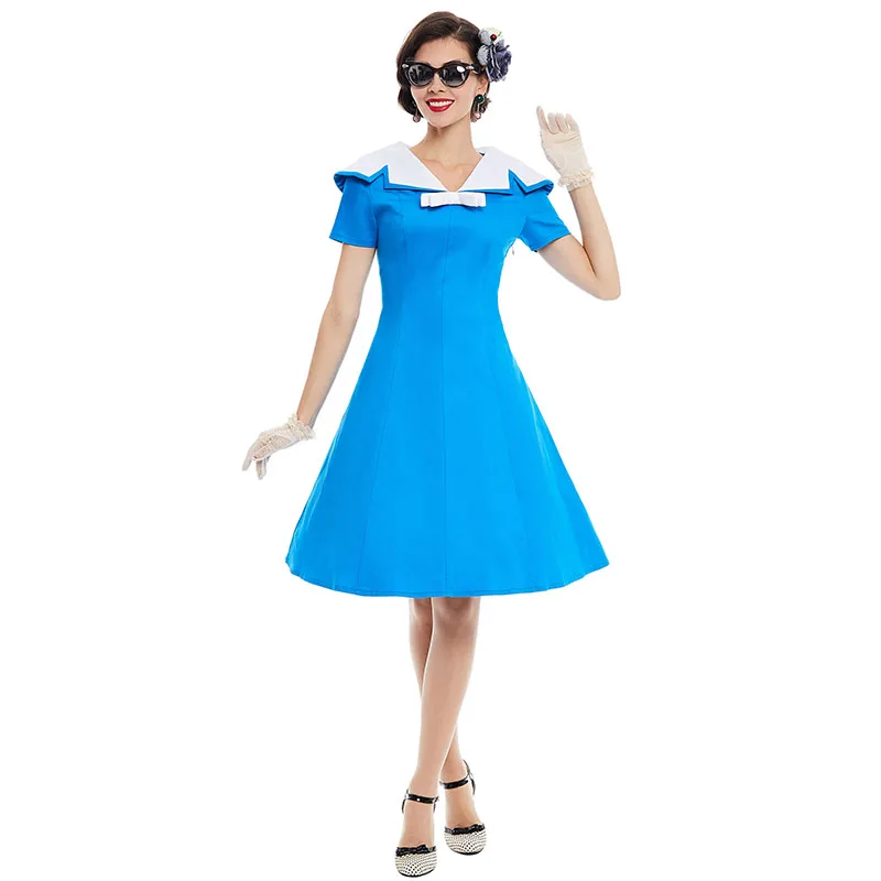 

Sisjuly vintage dress 1950s style spring blue pin up short sleeve lapel women party dress summer elegant bow vintage dresses