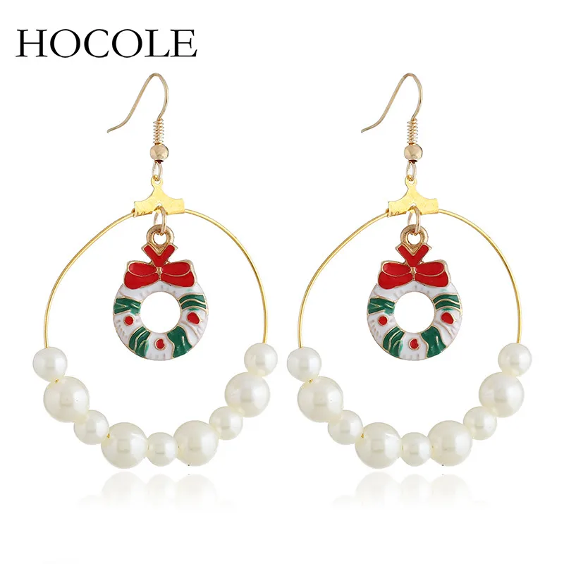 

Big Circle Wreath Xmas Tree Charm Drop Earrings Round Simultaed Pearl Dangle Statement Pendientes For Women Christmas Jewelry