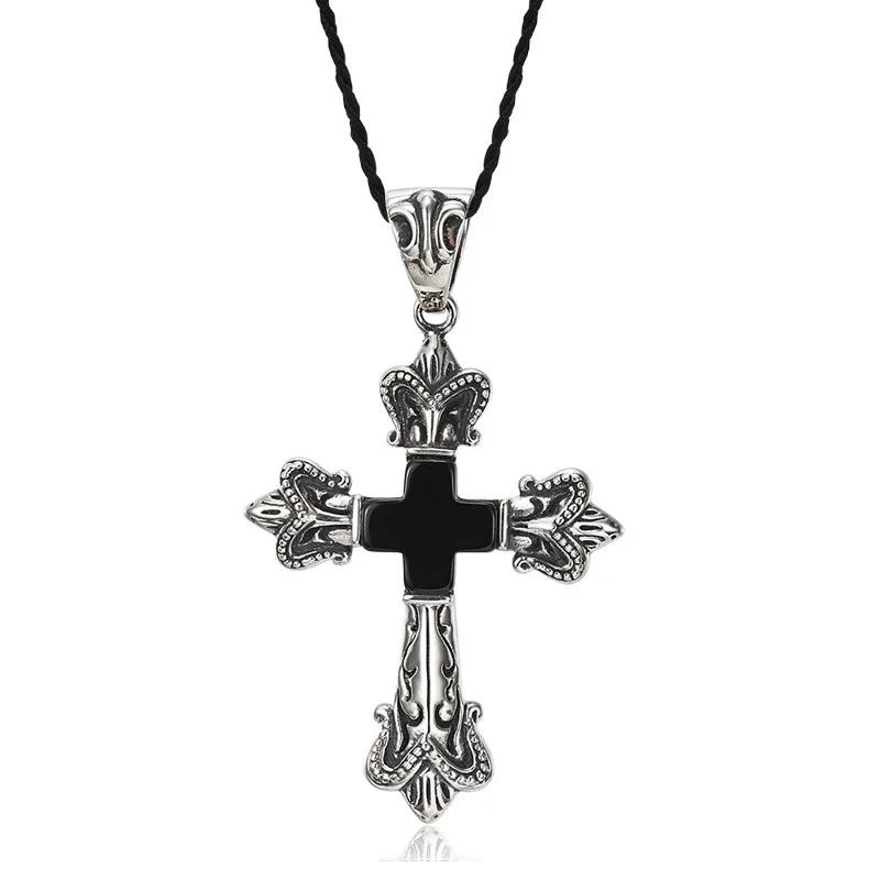 Popular New arrival natural black stone Scepter cross pendant necklace