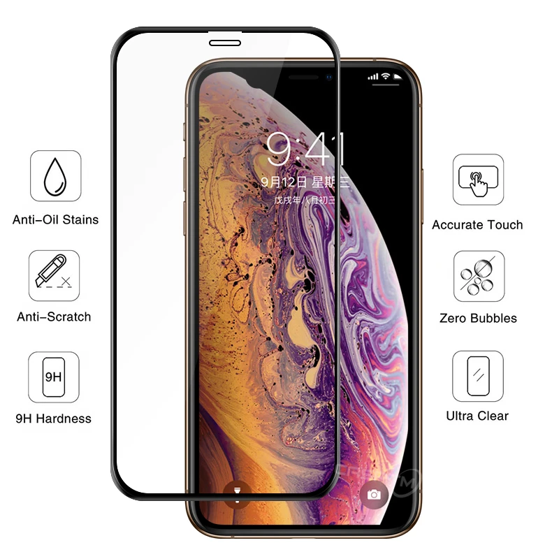 For iPhone XR Tempered Glass Screen Protector For iPhone XS Max Glass Film For iPhone X 10 XS Full Cover Black Protective Glass