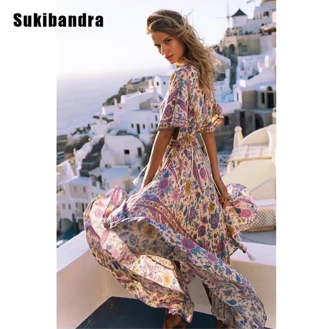 Sukibandra New Summer Floral V Neck Short Sleeve Dress Boho Hippie Long Women Dress Bohemian