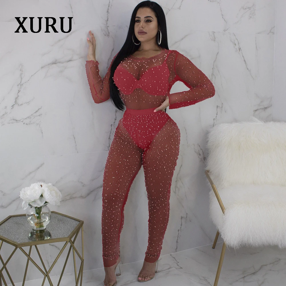 

XURU Mesh Beading Sexy Jumpsuits Romper Women Long Sleeve See Through Bodycon Jumpsuits Night Club White Black Jumpsuit Overalls