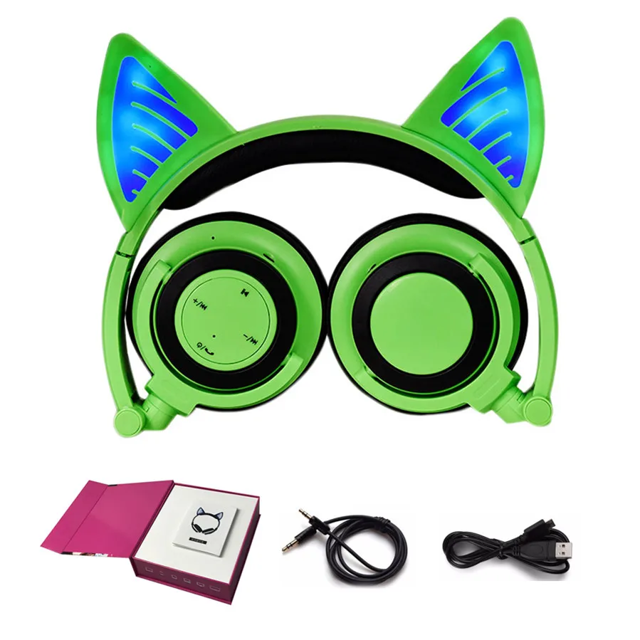 D GREEN YiJee Беспроводной Bluetooth V4.2 гарнитура кошка наушников светящиеся кошачьими ушками наушники с микрофоном для ПК компьютер и мобильный телефон - Цвет: D GREEN