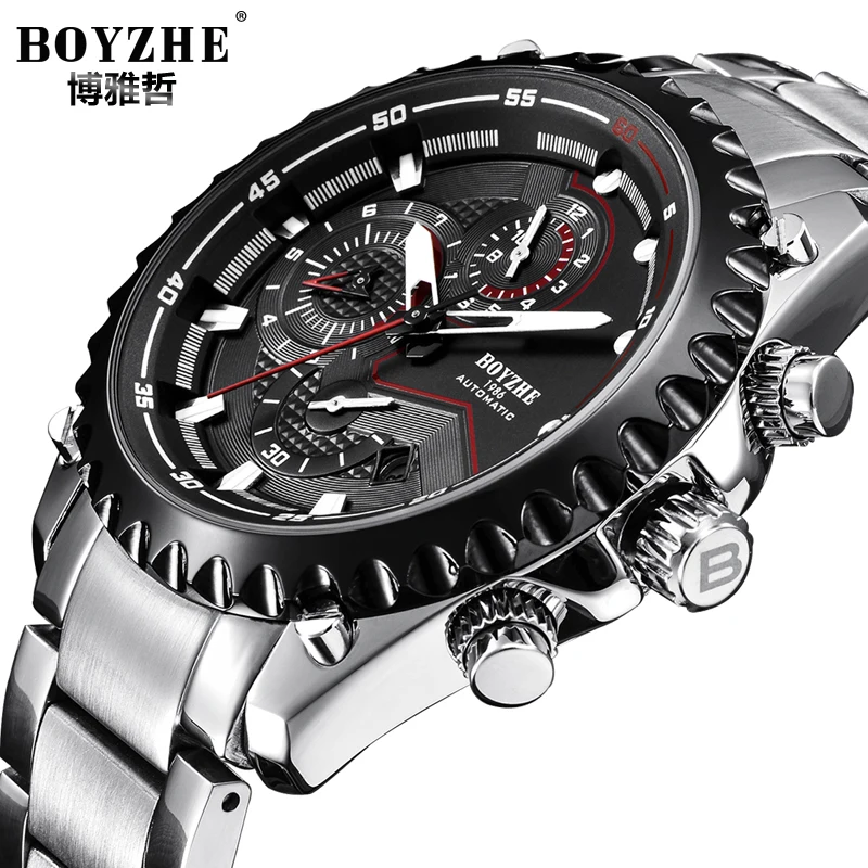 

Mens Sports Watch BOYZHE Luxury Mechanical Watches Multifunction Stainless steel Waterproof Wrist Watches With Gift Box 175 G
