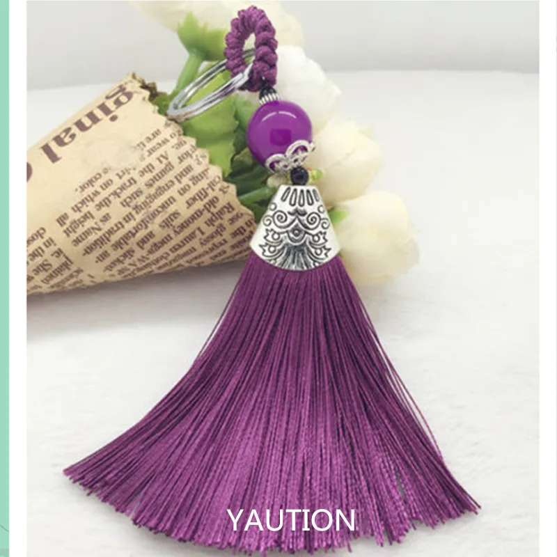 

1Pcs Retro Tibetan silver lines Tassel purple Keychain Ring Bag Charm Accessories