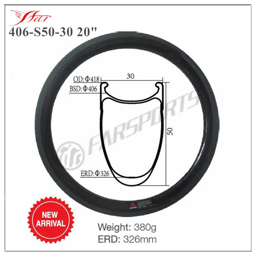 Clearance 406-S50-30 Farsports New 20" BSD 406 carbon clincher rim 50Cx30 external 20/24H for 20 inch small wheel bike 3