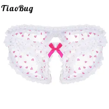 

TiaoBug Mens Lingerie Pink Ruffle Lace Trim Love heart See Through Sissy Open Crotch Briefs Sexy Gay Underwear Erotic Panties