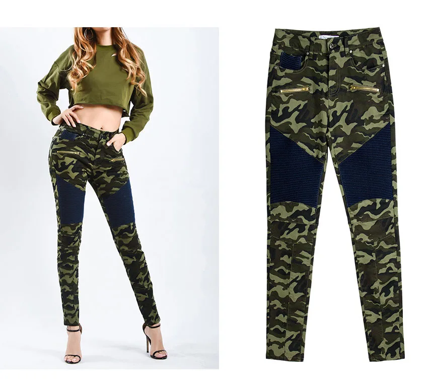 Motorcycle trousers for women stretch trim camouflage printed trousers with denim pencil trousers (5)