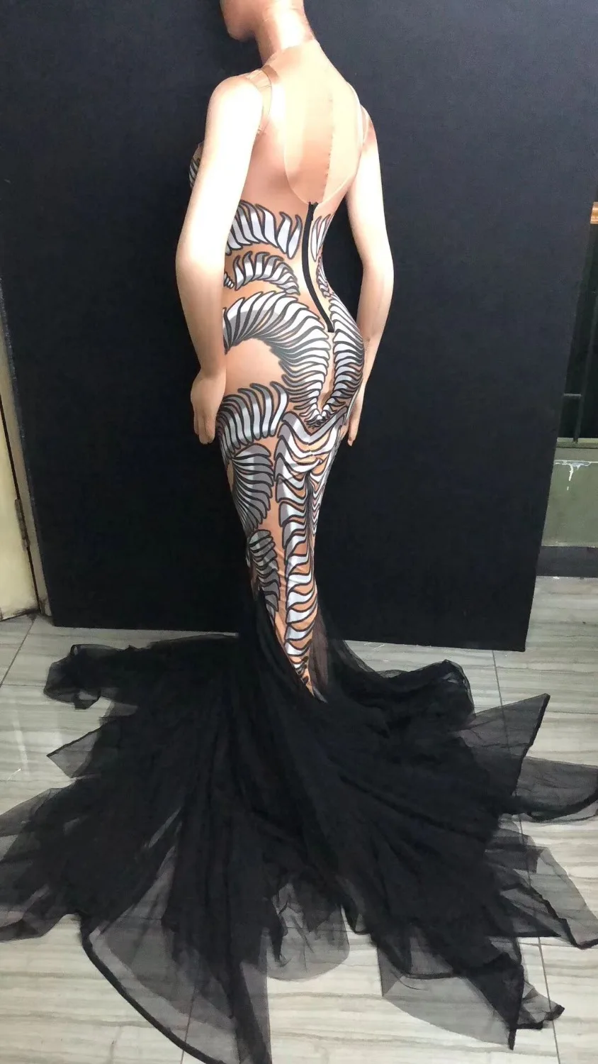 Платье с 3D принтом «рыбий хвост» для ночного клуба, костюм певицы, сексуальные платья с длинным шлейфом, вечерние платья, одежда для выступлений