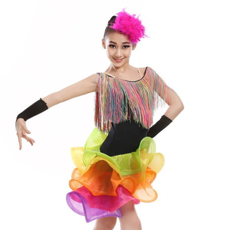 Платье для латинских танцев с кисточками для девочек, сальса, спандекс, Румба, танго, Детские бальные платья для латинских танцев, детское платье для соревнований Самба,, бахрома