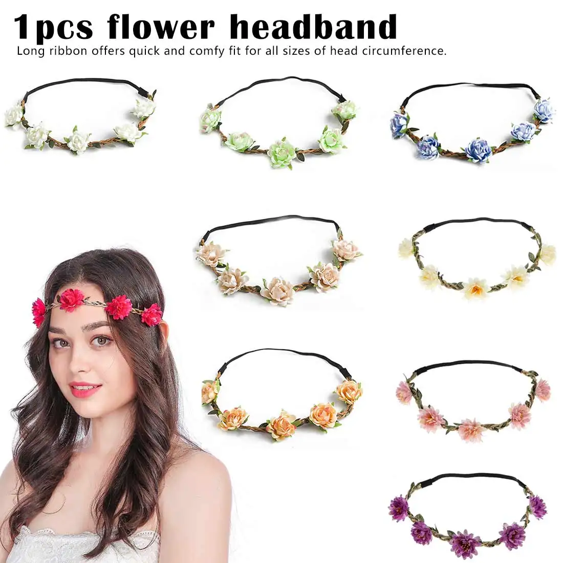 

Women Elastic Flower Headband Wreath Hair Band Women Female Girls Beach Wedding Garland Crown Headdress Headpiece