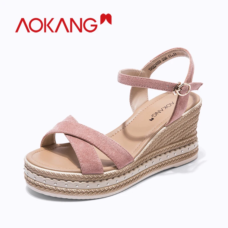

AOKANG Summer shoes Women Sandals open toes high Heel shoes Flock Fish Mouth shoes Platform wedges shoes Woman Flip Flop sandals