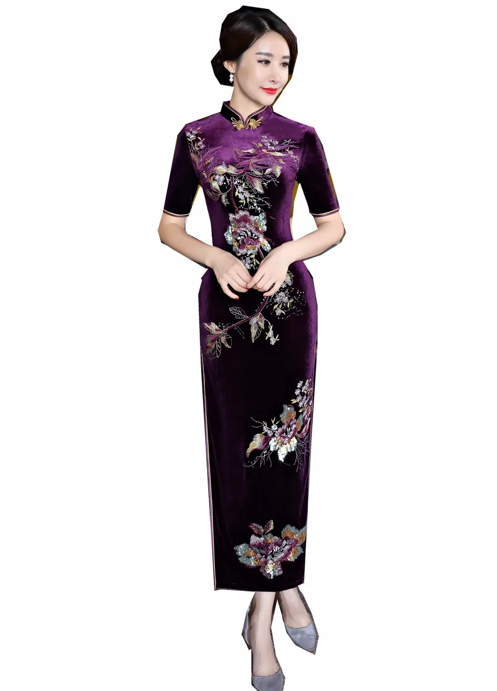 

Shanghai Story Autumn Velvet Qipao Flower Embroidery Chinese traditional Dress Oriental dress Short Sleeve long Cheongsam Dress