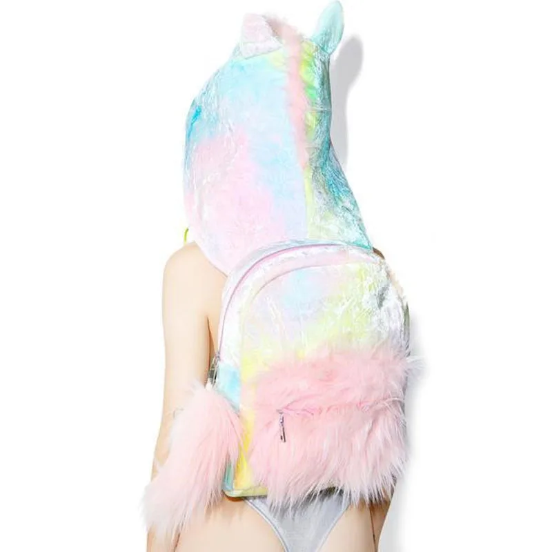 

Sugar Baby Softy Girl's Tie-dyed Colorful Unicorn Hooded Backpack Removable Hat Cool Street Style Funny Coat Velour School Bag