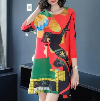 

American fashion plus-size loose a-line dress New spring/summer 2018 printed ruffled dresses for women with seven-minute sleeve