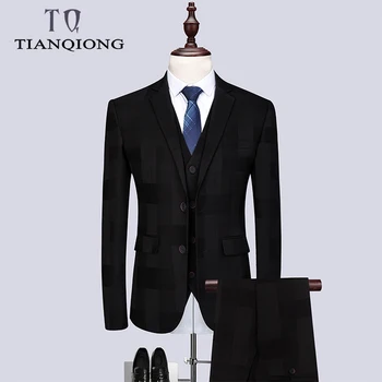 

TIAN QIONG Brand Black Mens 3 Piece Suits Wedding Groom Blazers Generous plaid Business Suits Men Slim Fit Plus Size M-6XL