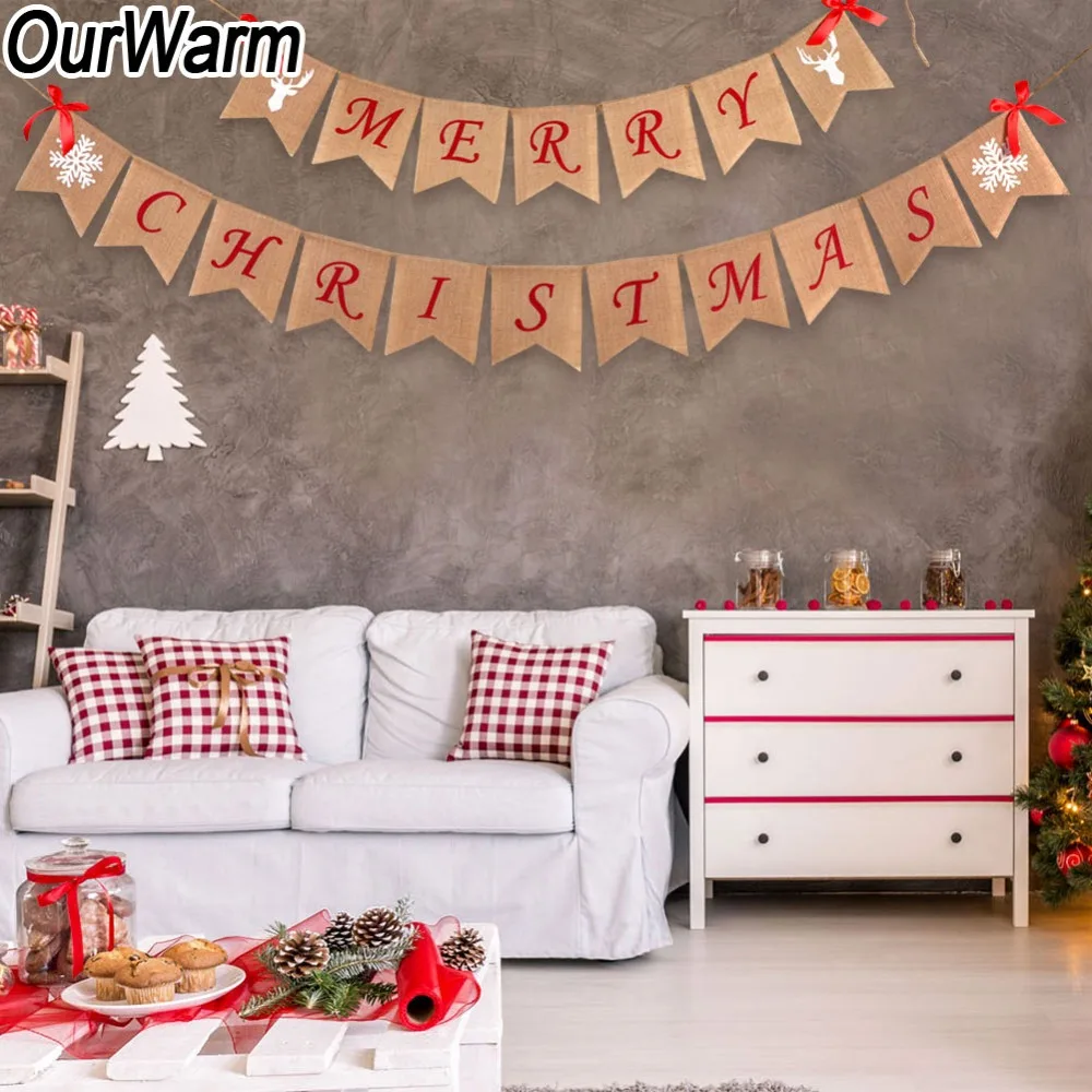 

OurWarm 1set Merry Christmas Burlap Banner 16*14cm Bunting Sign Rustic Party Banner Kerst Decoratie Festival Supplies