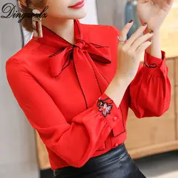 Dingaozlz элегантный сплошной цвет шифоновая рубашка Женский галстук-бабочка Повседневное Топы Для женщин одежда вышивка офис леди шифоновая