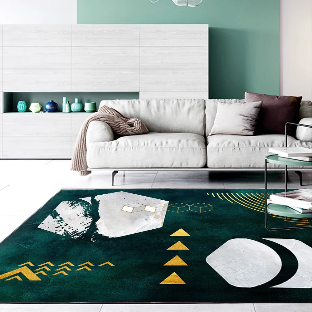 

Modern fashion abstract Dark green gray gold Geometric door mat Bedroom carpet living room non-slip bedside rug plush floor mat