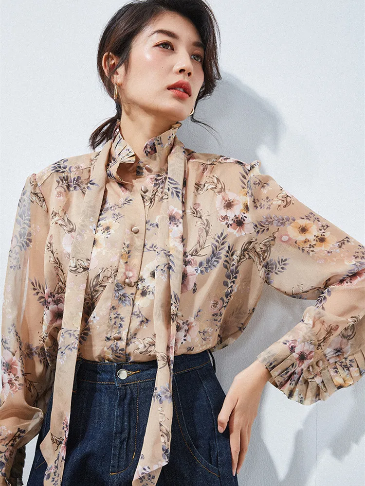 

New 2019 Women Blouse Long Sleeve Loose Print Casual Tie Belt Chiffon
