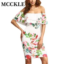 MCCKLE 2017 Elegant Woman Short Sleeve Multicolor Floral Print Off The Shoulder Ruffle Sheath Dresses summer beach dress