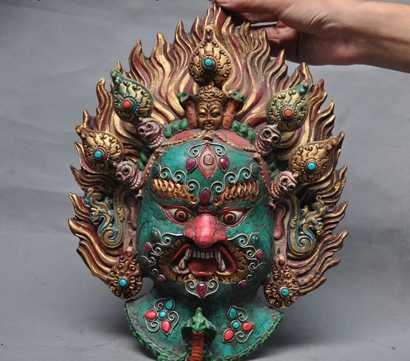 

13"Old Tibet Nepal Turquoise coral gem Dorje Wrathful Deity Buddha Exorcism Mask